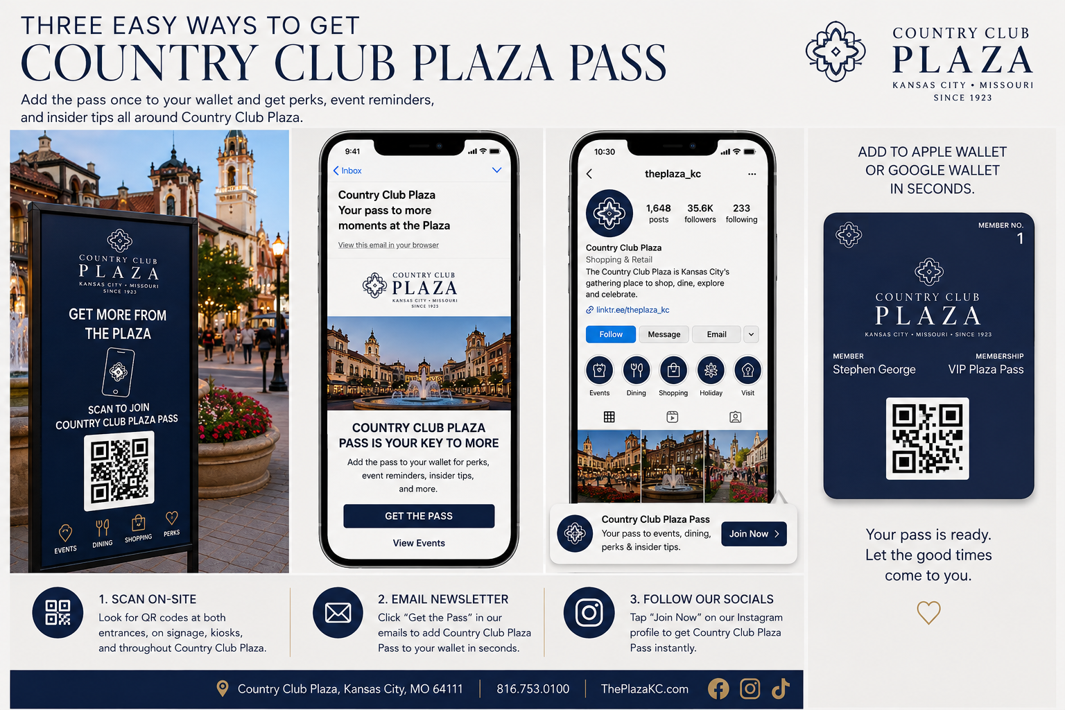 Three easy ways to get the Country Club Plaza Pass: scan on-site QR signage, tap Get the Pass in a Plaza email, or join from the Plaza Instagram profile.